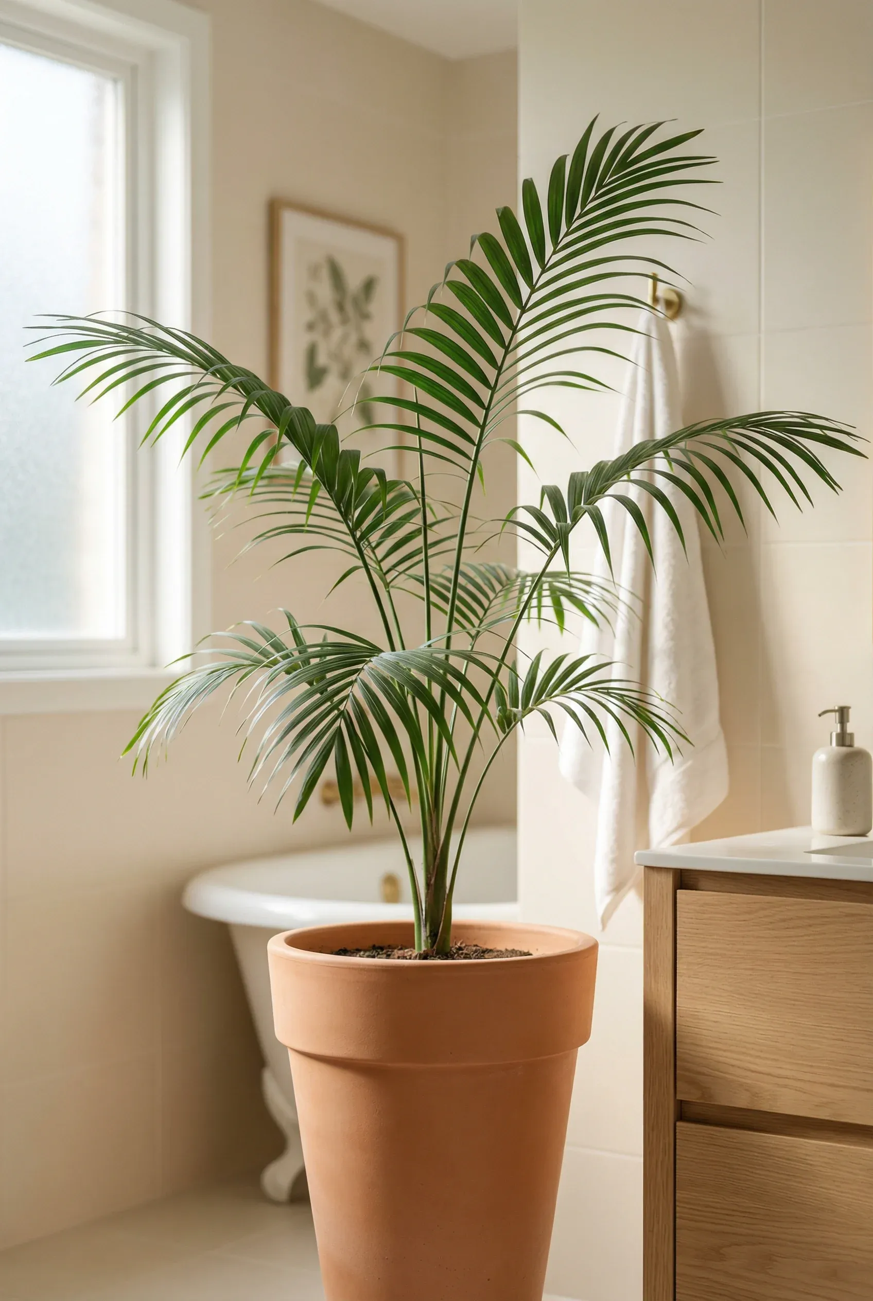 A classic Parlor Palm in a chic bathroom, adding a sophisticated touch.