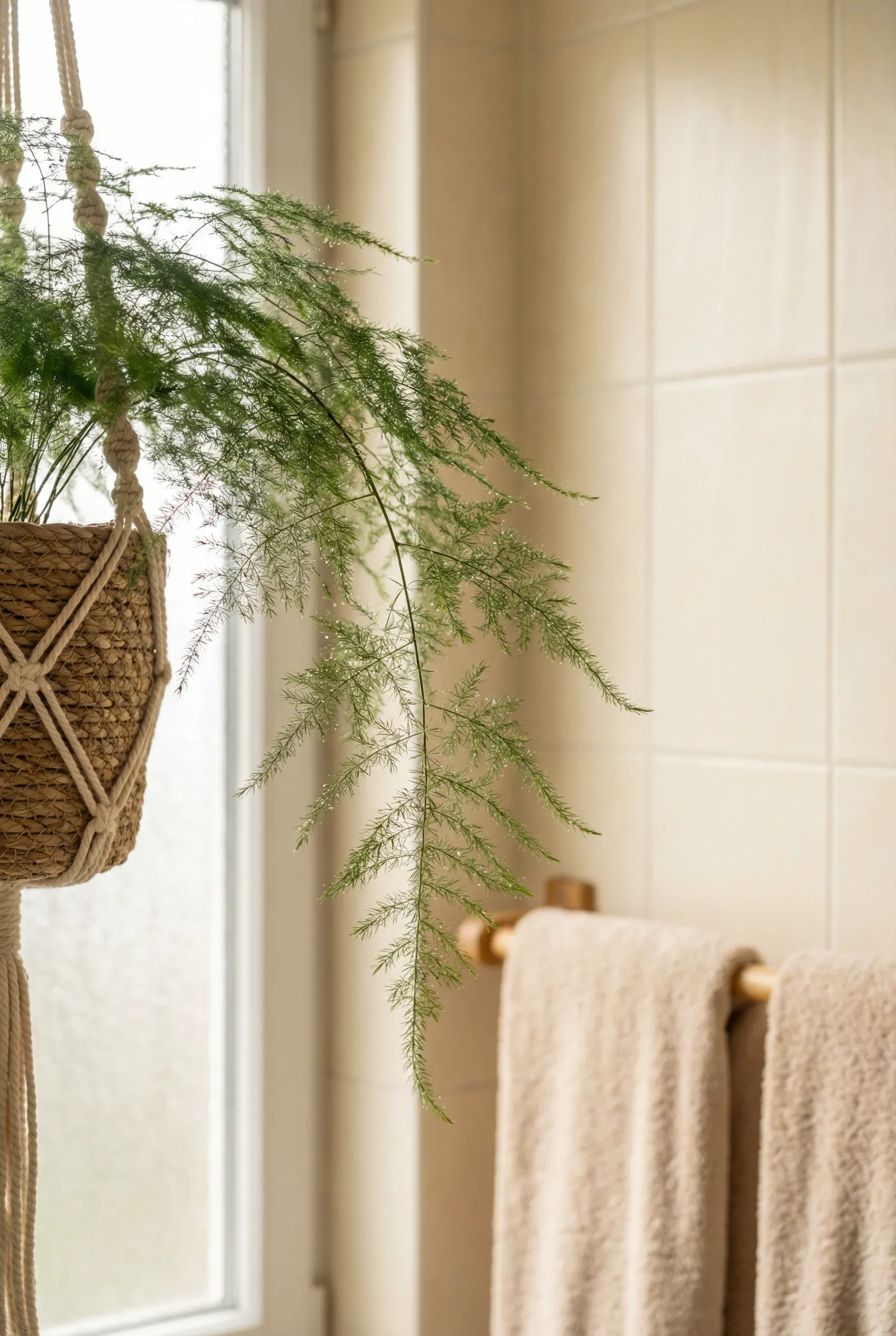 A close-up of an Asparagus Fern in a hanging pot, highlighting its delicate texture.