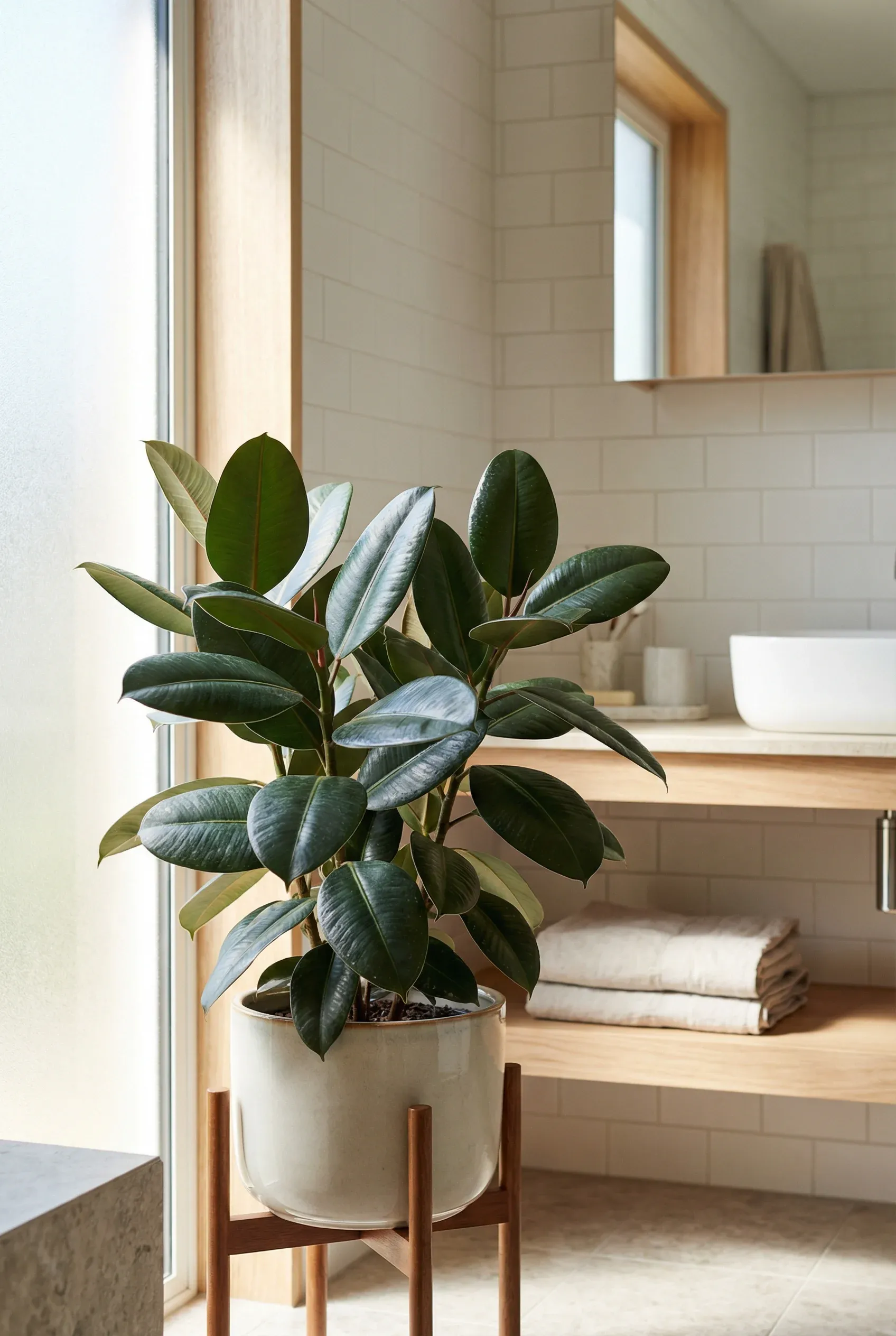 A rich Rubber Plant in a modern bathroom, showcasing its glossy dark leaves.