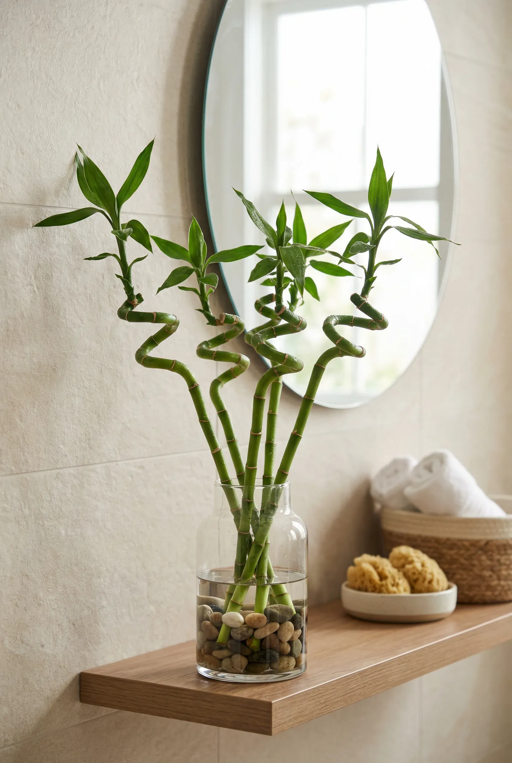 A Lucky Bamboo plant in a modern bathroom, symbolizing good fortune.