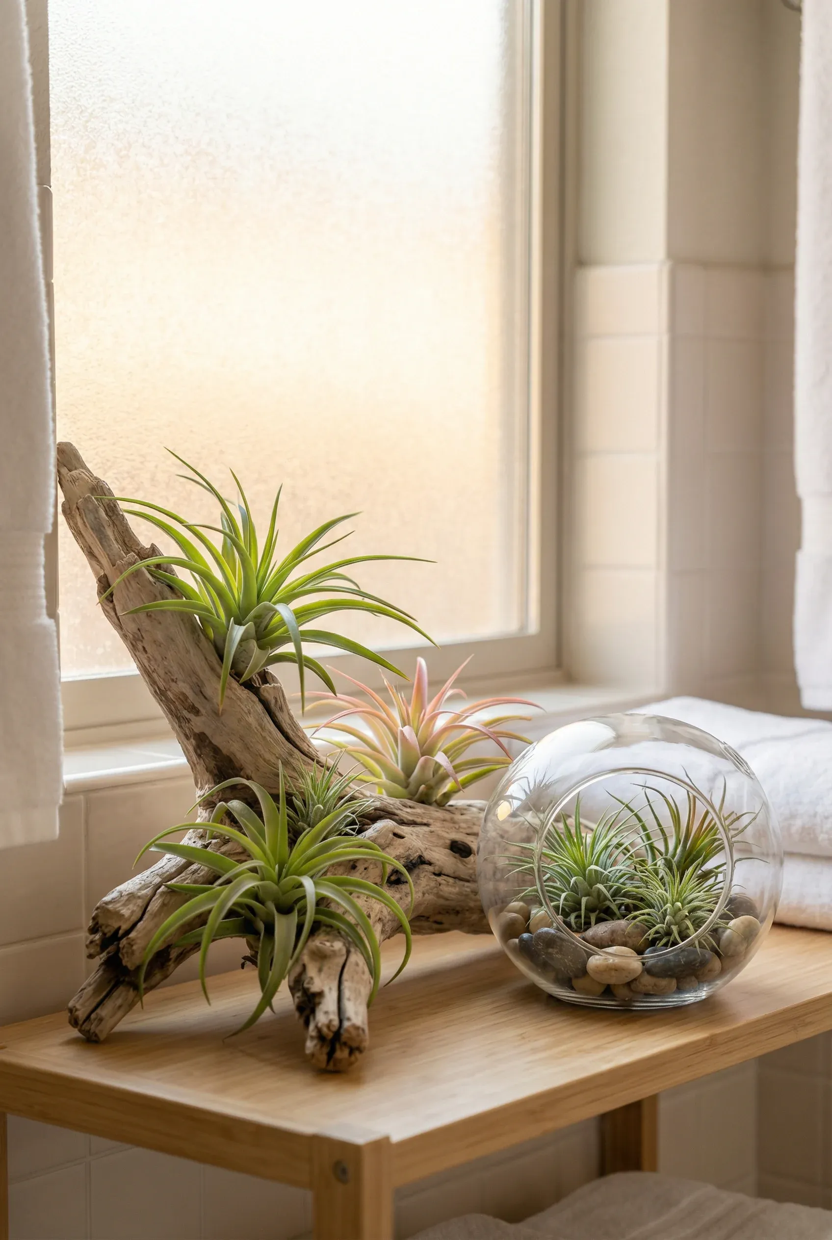 Air plants creatively arranged on driftwood and in glass terrariums in a bathroom setting.