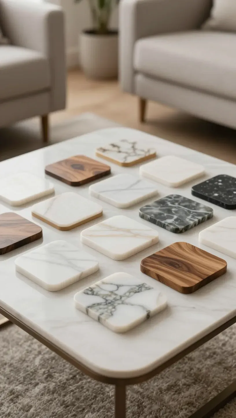 An artistic arrangement of coasters on a coffee table, highlighting stylish decor.