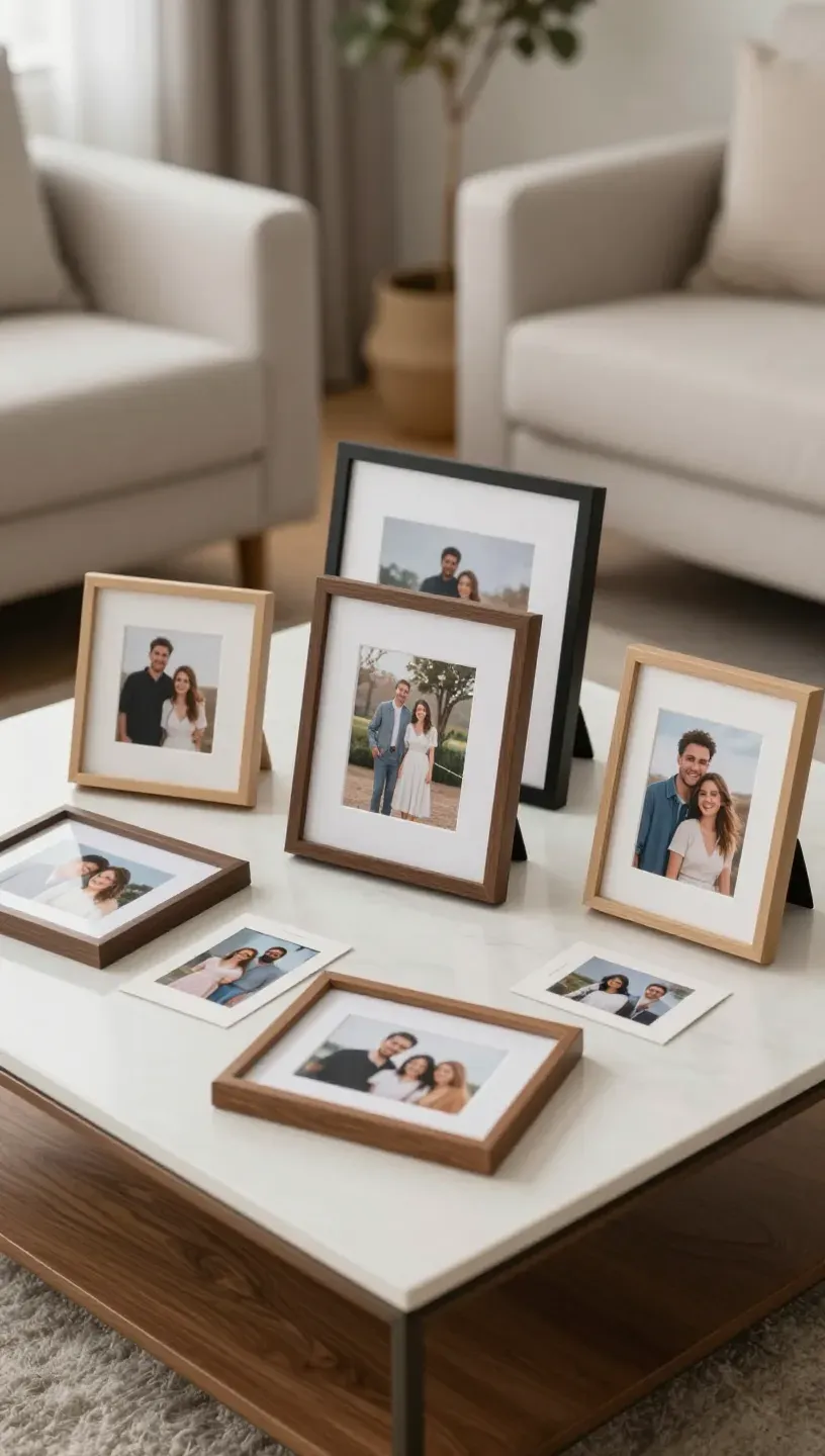 A collection of framed photos and artwork on a coffee table, adding a personal touch.