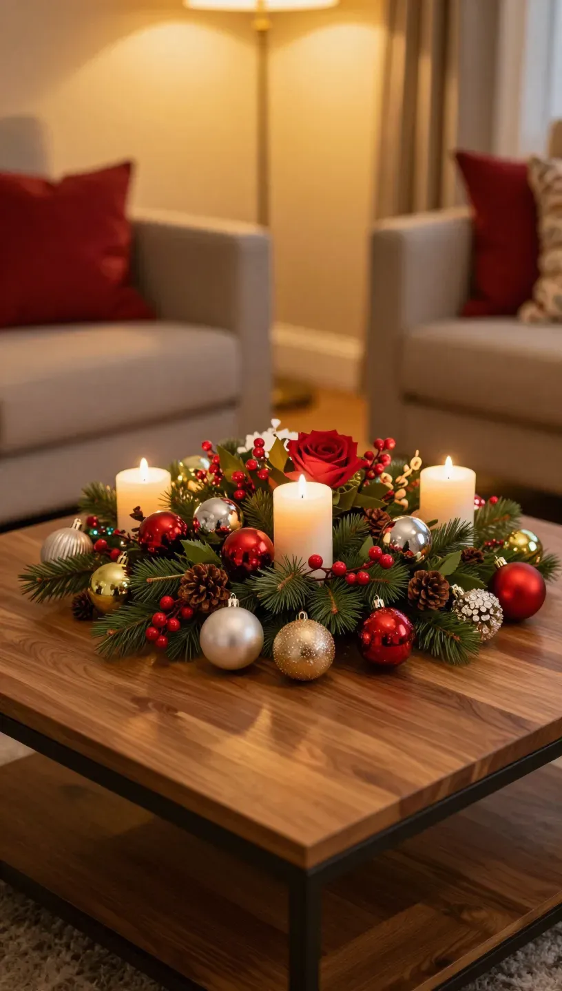 Coffee table decorated with vibrant seasonal decor and holiday accents.