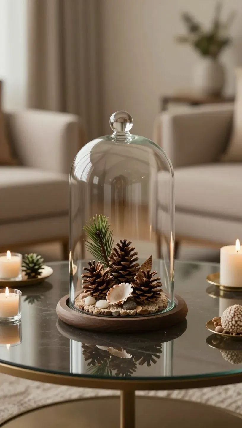 Elegant glass cloche displaying natural elements on a coffee table.
