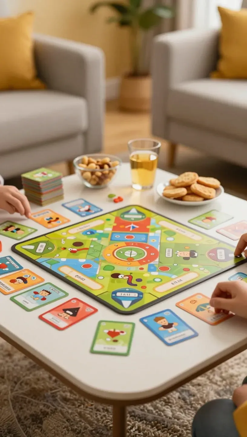 Lively coffee table scene featuring interactive games for family fun.