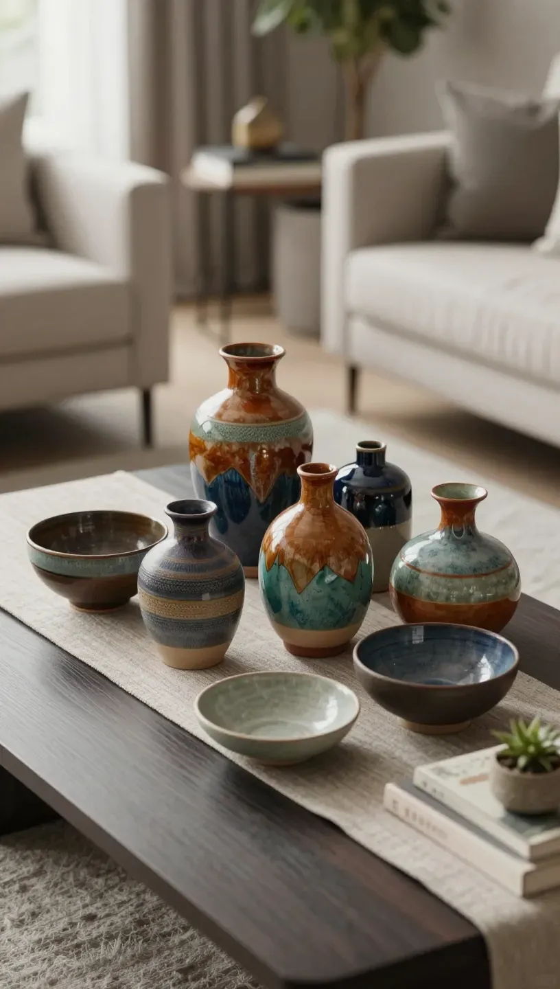 Artisan pottery centerpiece on a coffee table with unique vases and bowls.