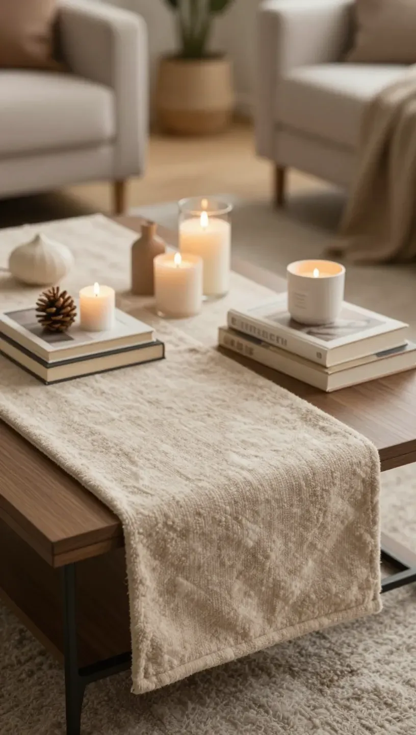 Cozy coffee table with a soft runner and layered decor.