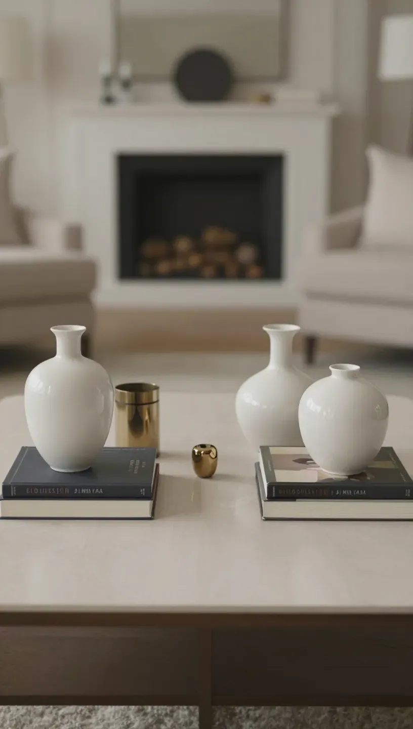 Symmetrical decor arrangement on a coffee table for a chic look.