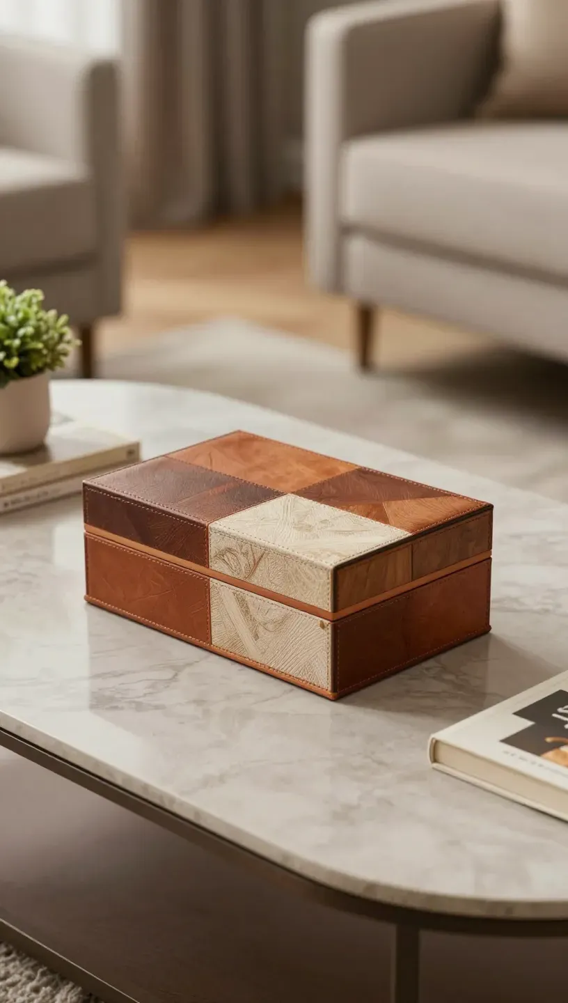 Decorative box on a coffee table, adding style and function.