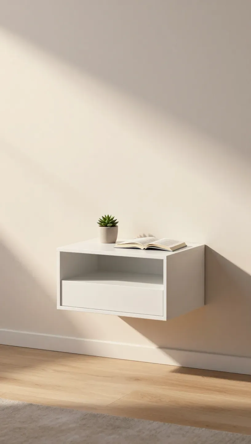 A sleek floating nightstand in a modern small bedroom with a plant and book.