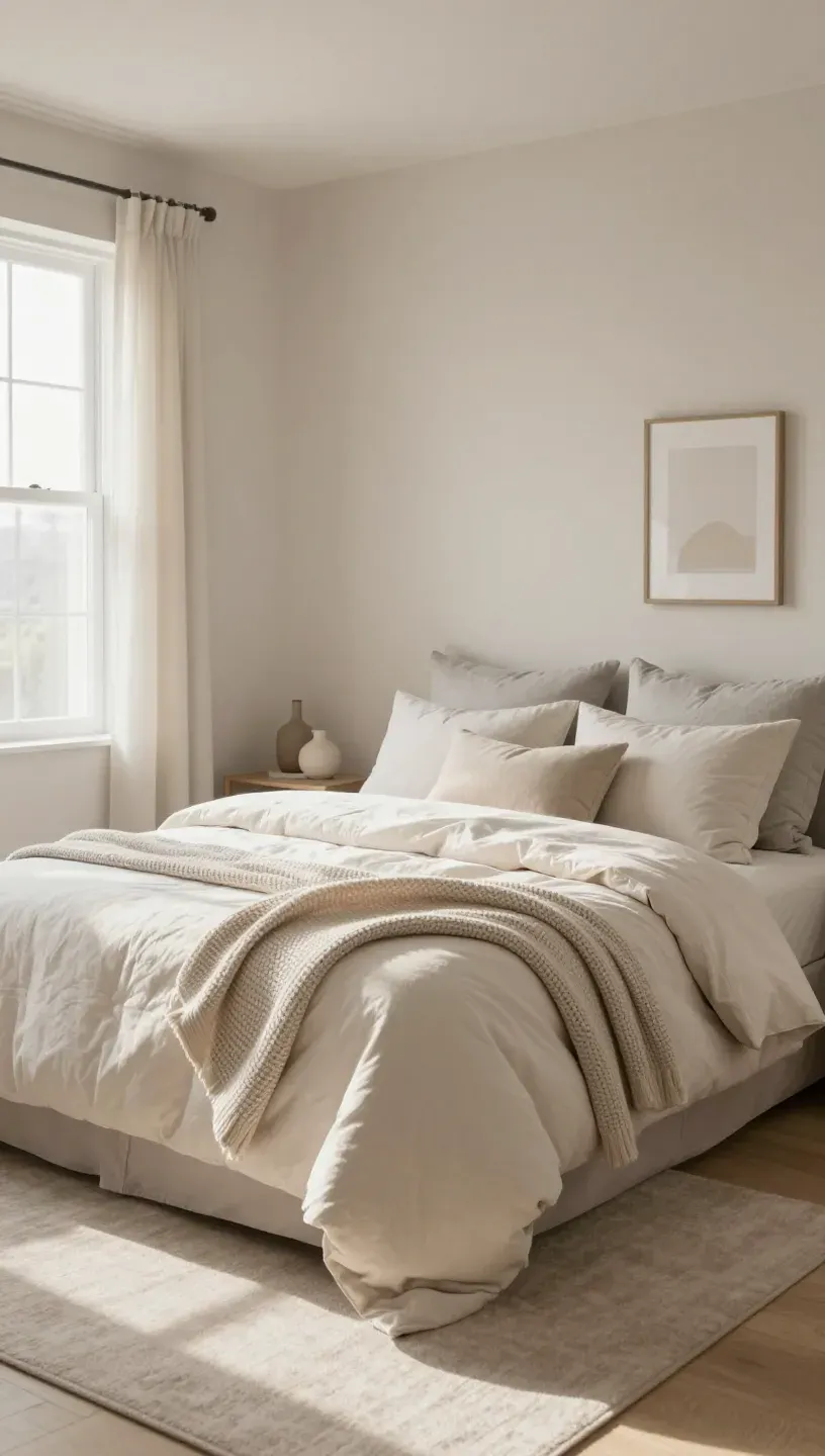 A serene small bedroom showcasing a neutral color palette with layered bedding.