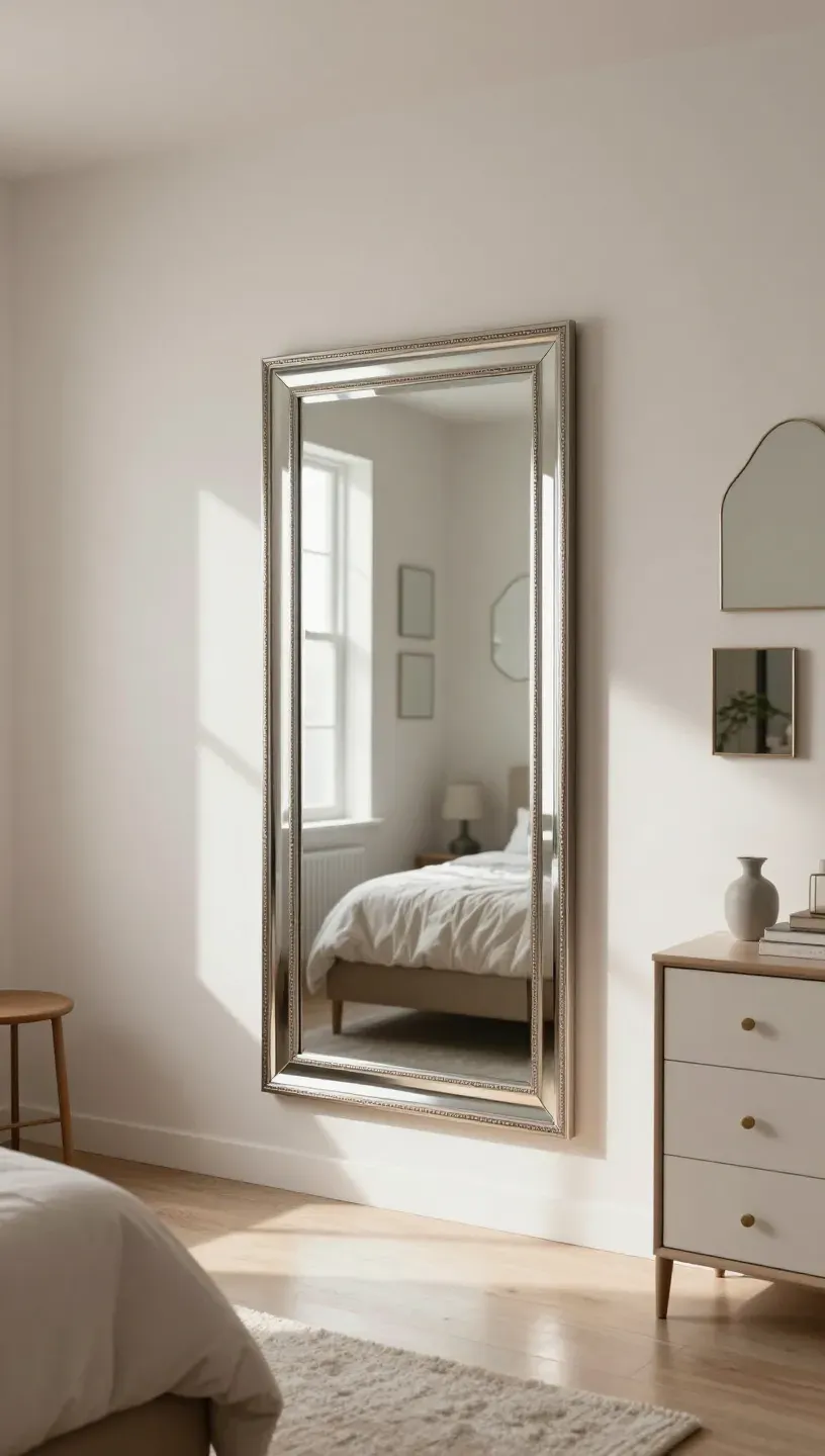 A small bedroom with a large mirror reflecting light, enhancing the perception of space.
