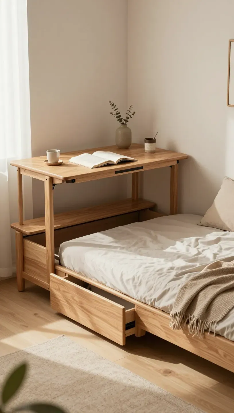 A small bedroom featuring a bed with storage and a fold-out desk, maximizing space.