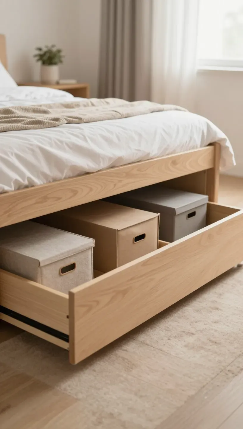 A small bedroom featuring effective under-bed storage solutions, keeping the space organized.