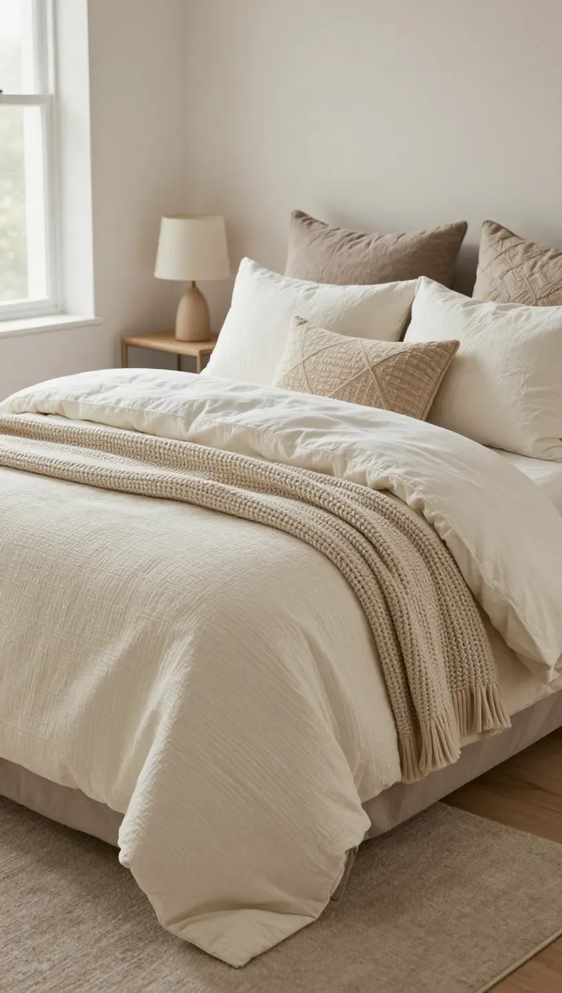 A cozy small bedroom featuring layered textured bedding, creating an inviting atmosphere.