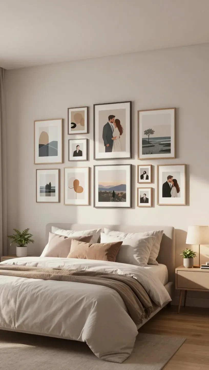 Gallery wall of diverse artwork above a cozy bed in a modern bedroom.