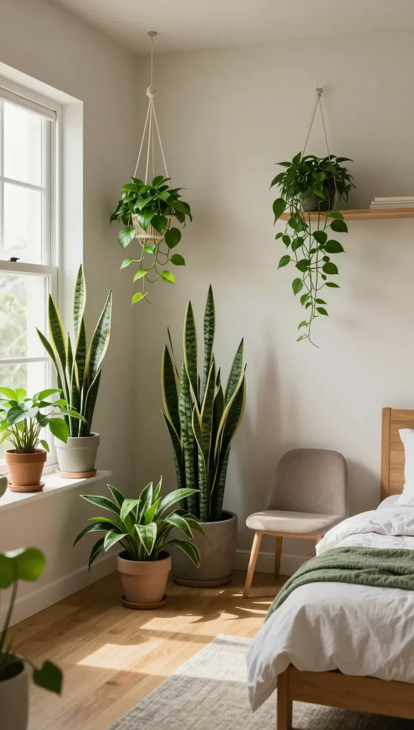 Vibrant indoor plants arranged in a modern bedroom, adding a touch of nature.