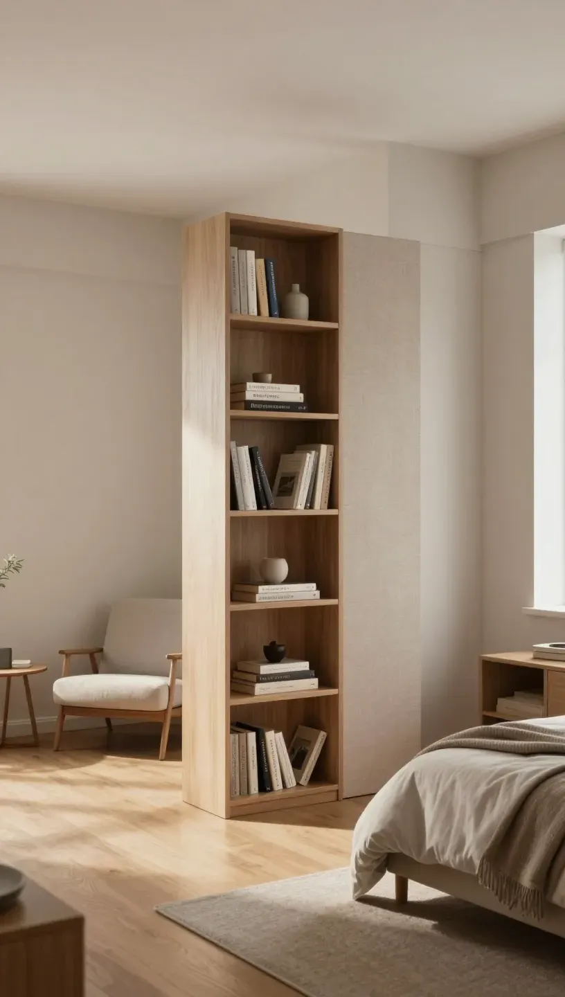 Stylish room divider in a shared modern bedroom, enhancing privacy and functionality.