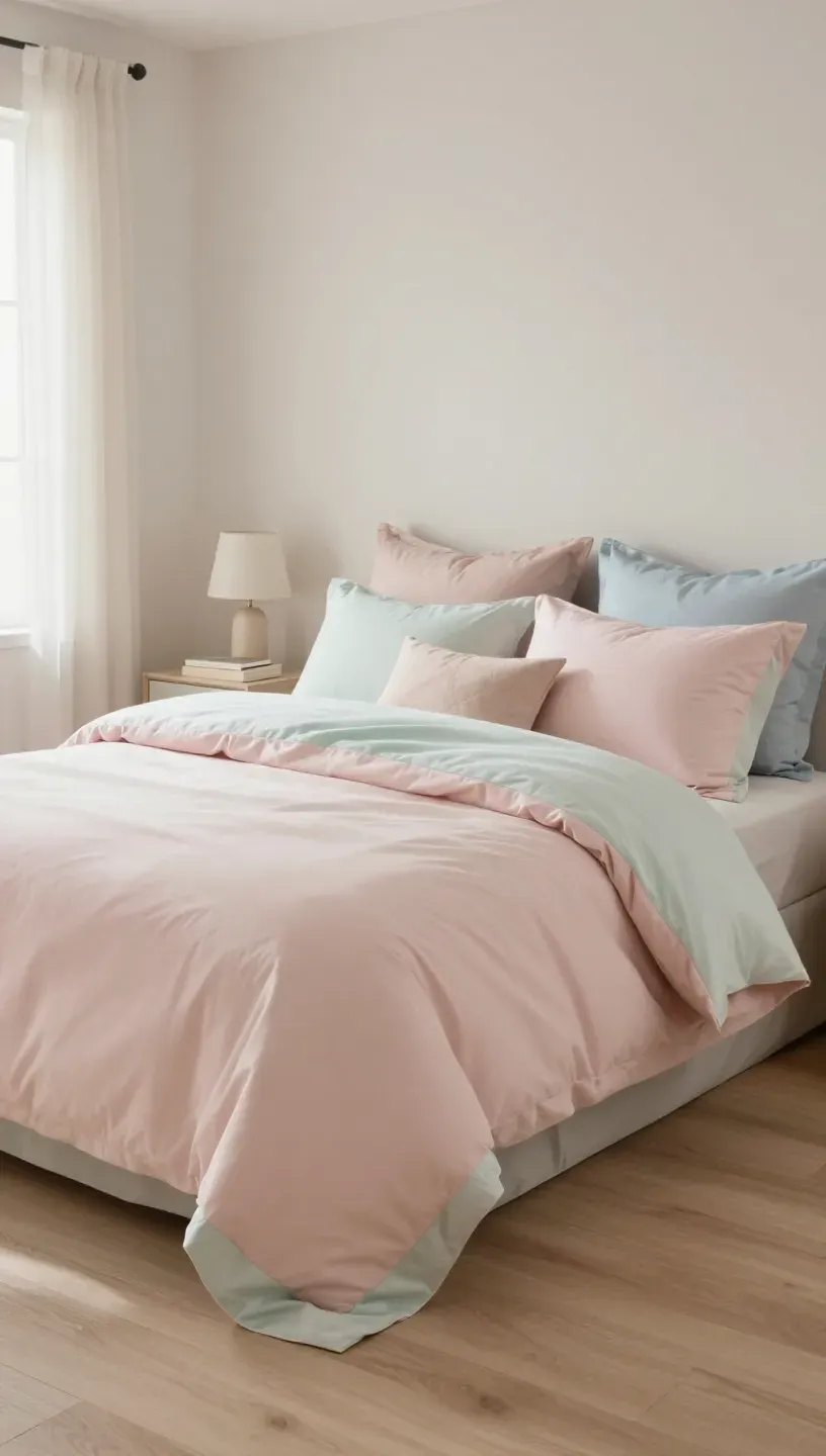 Beautifully styled bed with soft pastel bedding in a modern bedroom.