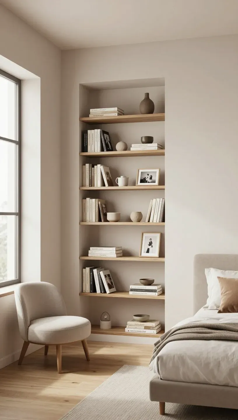 Stylish niche shelving displaying personal items in a modern bedroom.
