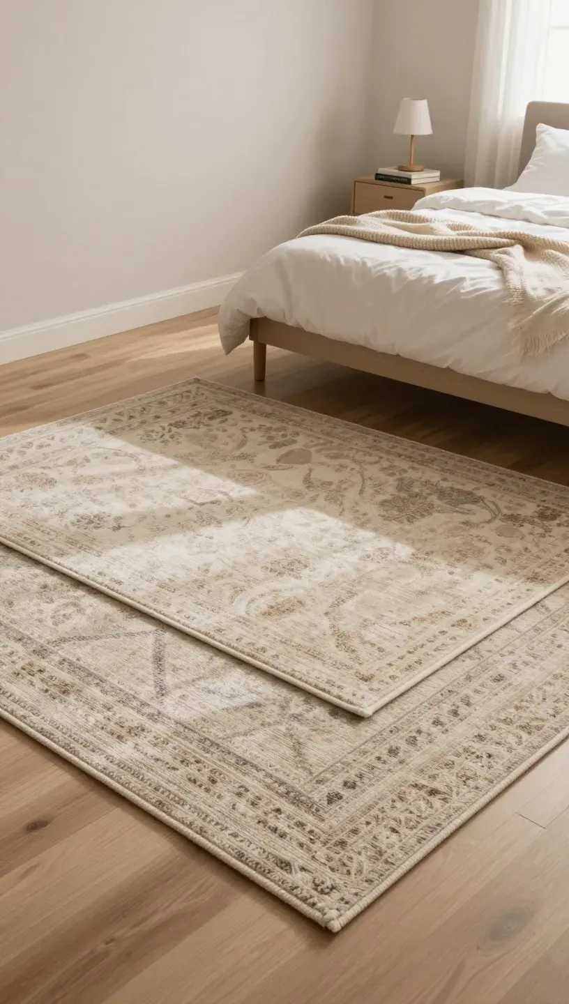 Layered rugs adding warmth and texture to a cozy modern bedroom.