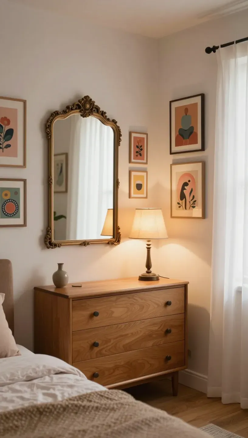 A modern bedroom featuring vintage decor elements like a mirror and lamp.