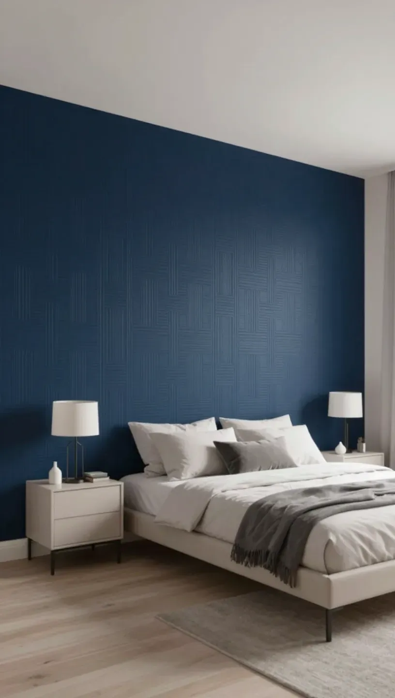 A modern bedroom with a bold navy accent wall and light decor.