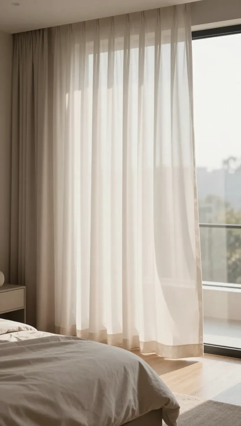 A modern bedroom with soft, airy curtains allowing natural light in.