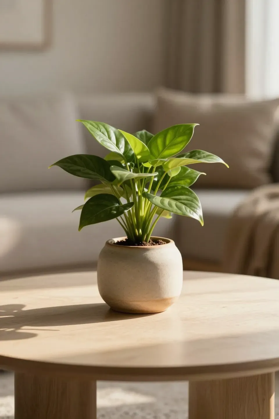 A small plant and a ceramic object arranged neatly on a coffee table.