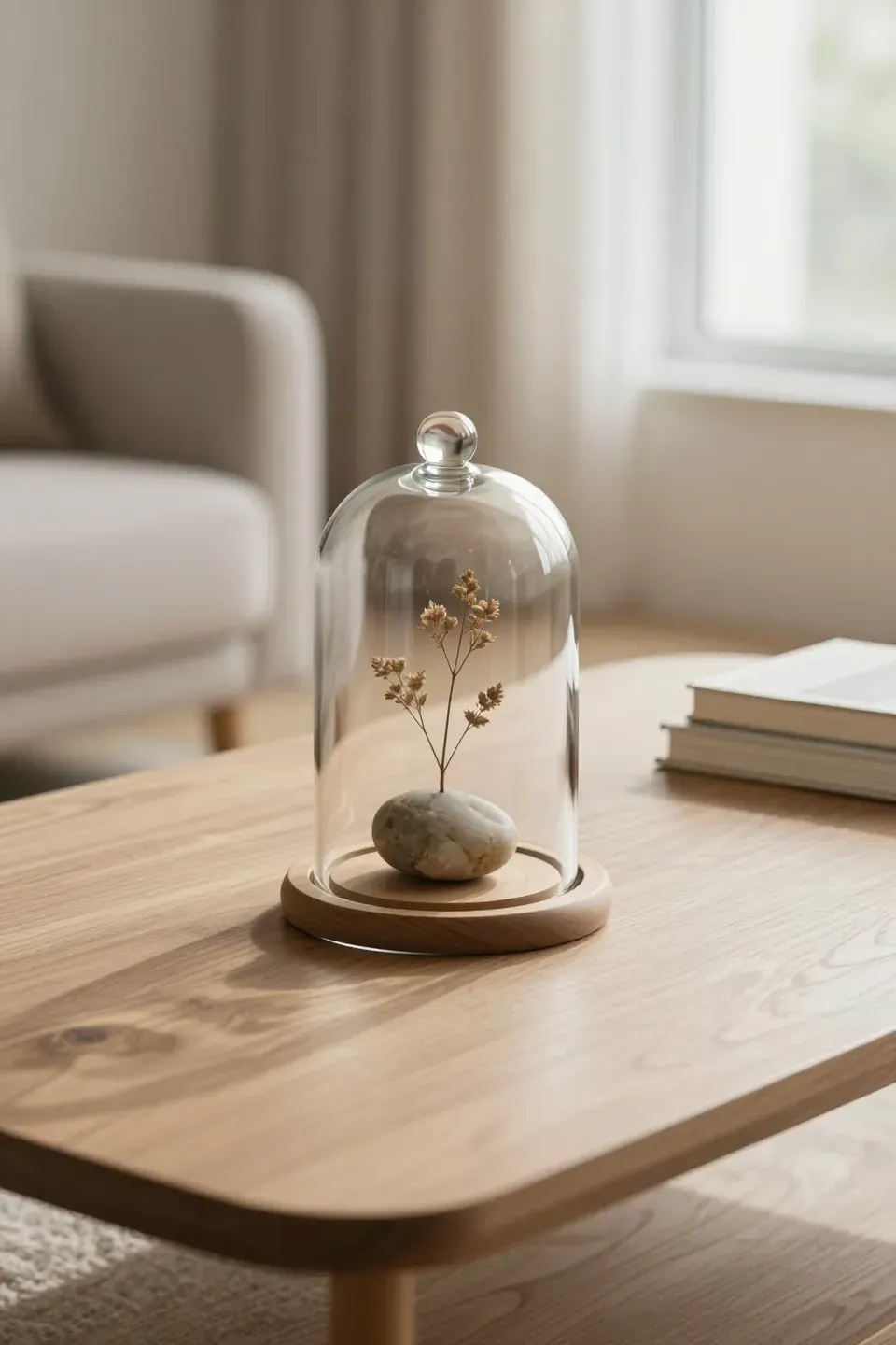 A glass cloche on a wooden coffee table showcasing a small decorative object in soft natural lighting.
