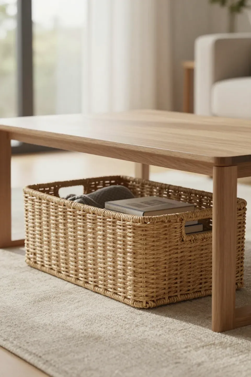 A woven rectangular basket placed under an open-base coffee table for tidy storage.