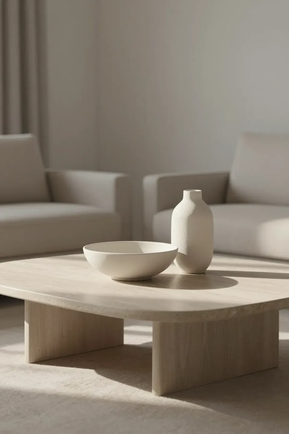A minimalist coffee table featuring a single sculptural decorative object as the focal point.