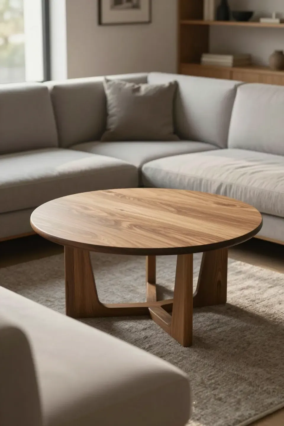 Round wood coffee table tucked beside the inner corner of a sectional sofa in soft natural lighting.