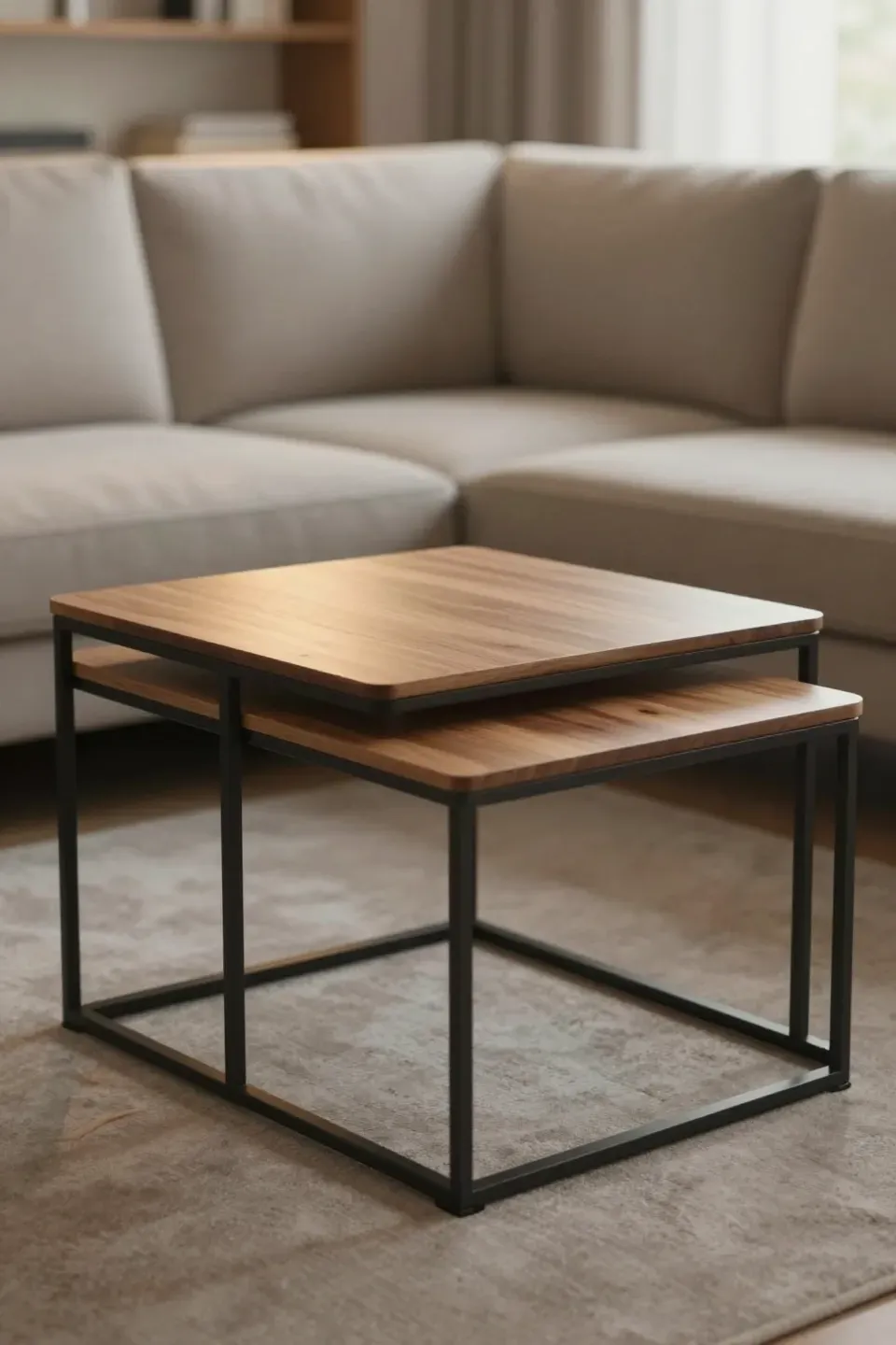Two nested coffee tables positioned between sectional sofa sides with warm natural light and modern decor.