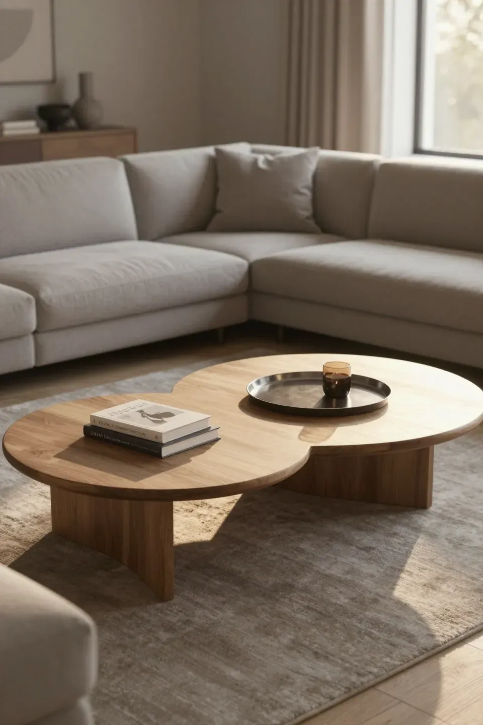 Two matching coffee tables centered in front of a large sectional sofa with warm golden lighting.
