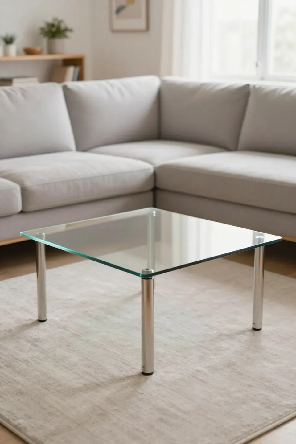 Glass coffee table centered inside an L-shaped sectional with airy lighting and reflective details.
