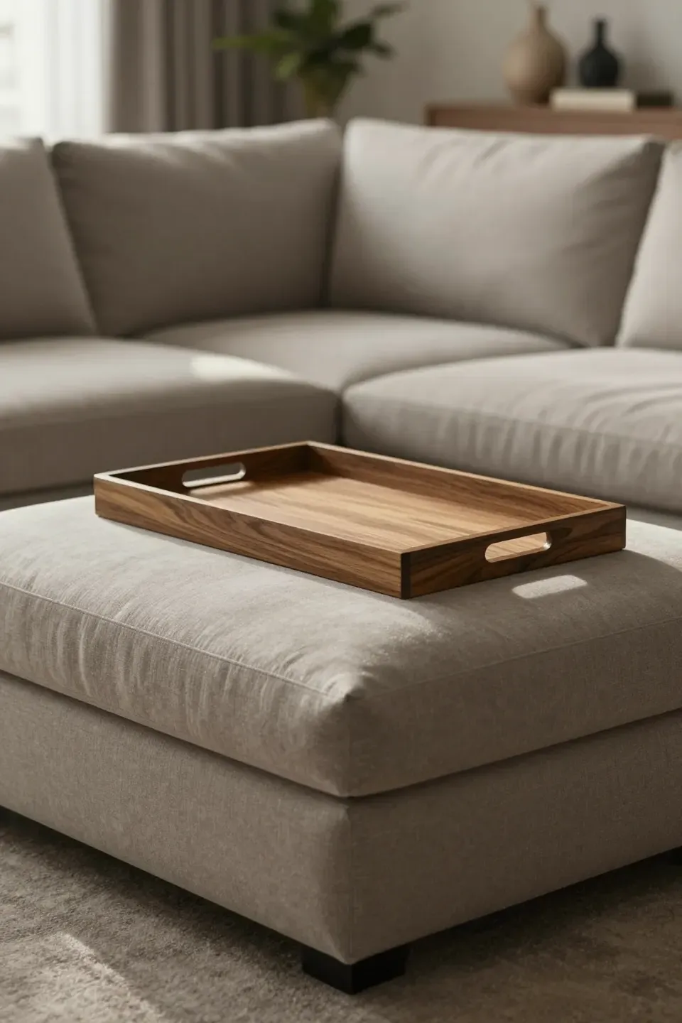Low upholstered ottoman used as a coffee table with a tray in front of a sectional sofa.