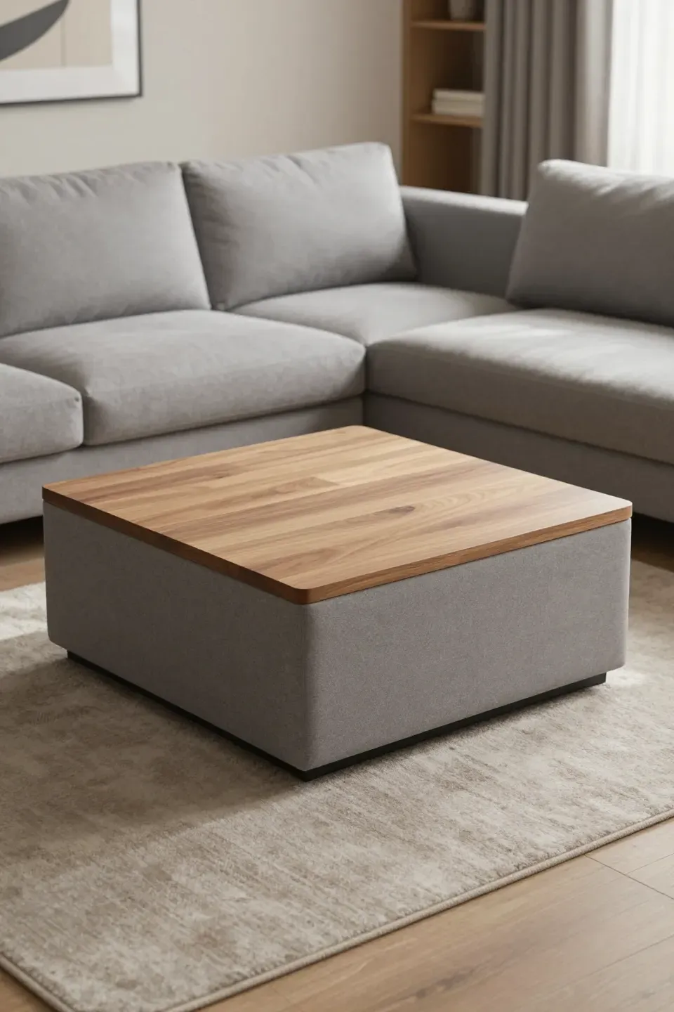 Square coffee table centered at the turn of a grey sectional sofa with soft lighting.