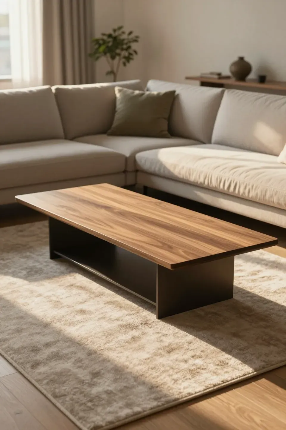 Long rectangular coffee table placed before a wide sectional sofa with warm golden lighting.