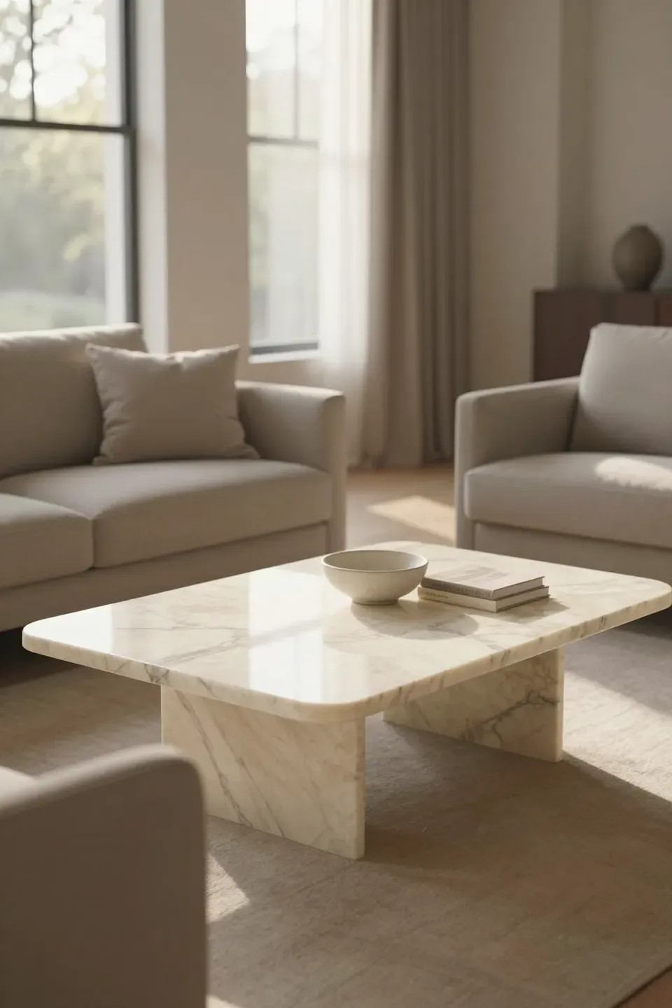 Marble coffee table centered between a sectional and two side chairs in a softly lit living room.