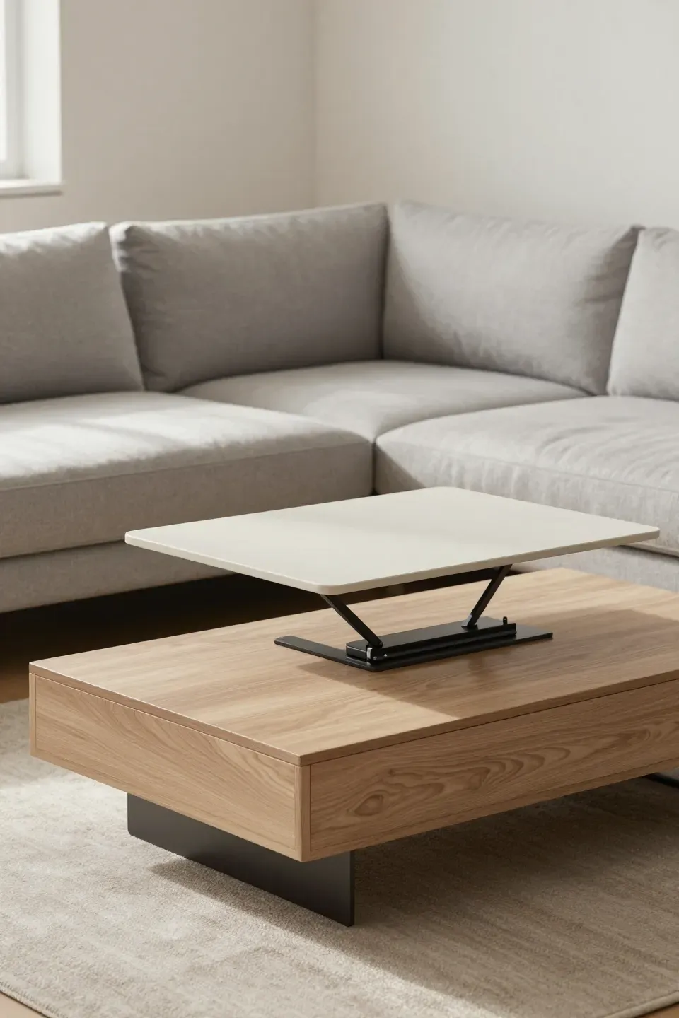Compact lift-top coffee table raised in front of a sectional inside a small living room.