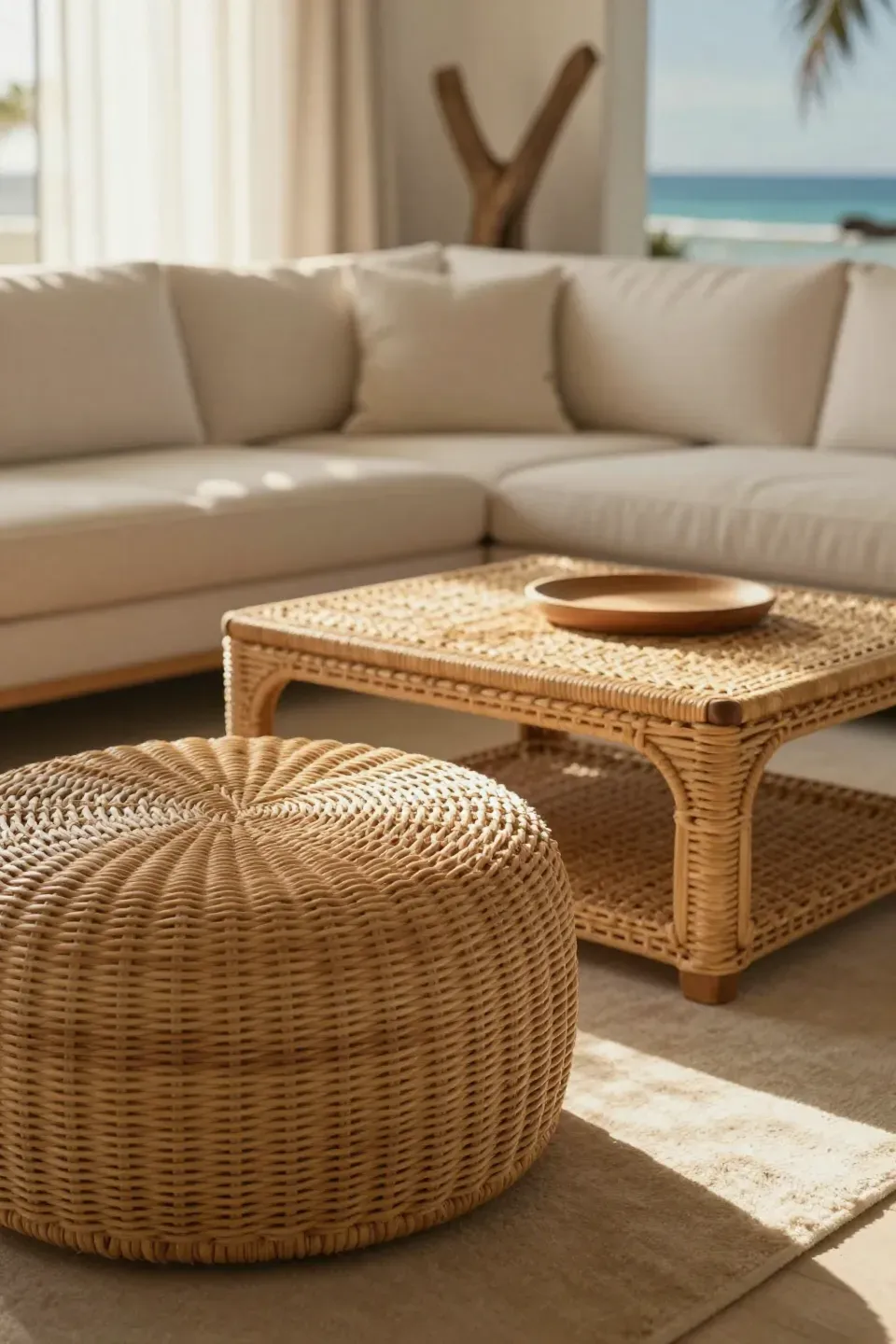 Rattan ottoman paired with a matching coffee table in a relaxed, coastal-style living room.