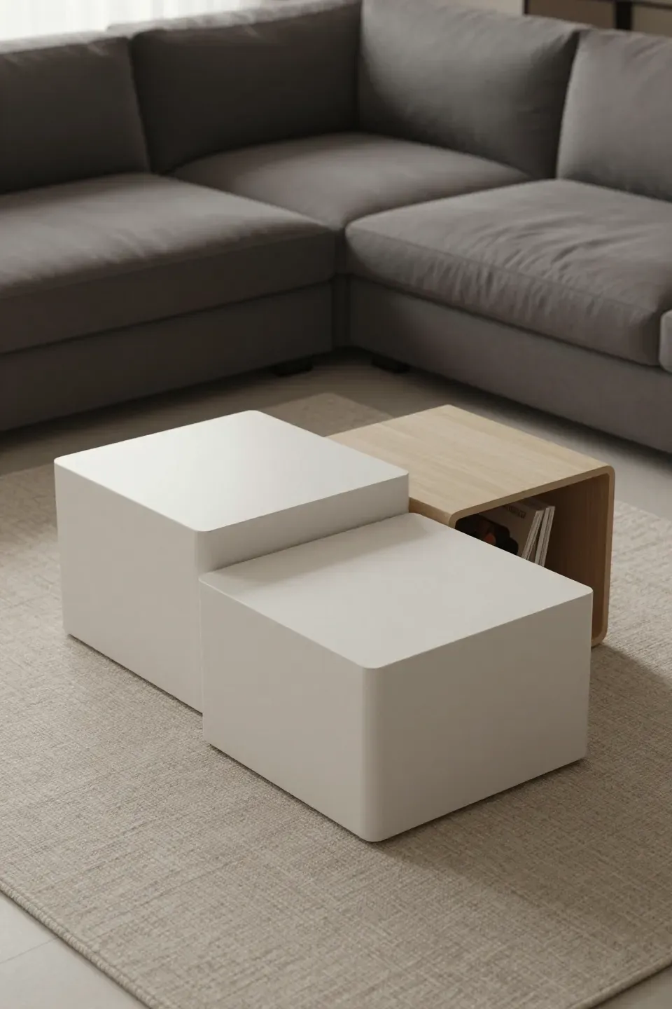 Two minimalist cube coffee tables placed flexibly in front of a deep sectional sofa.