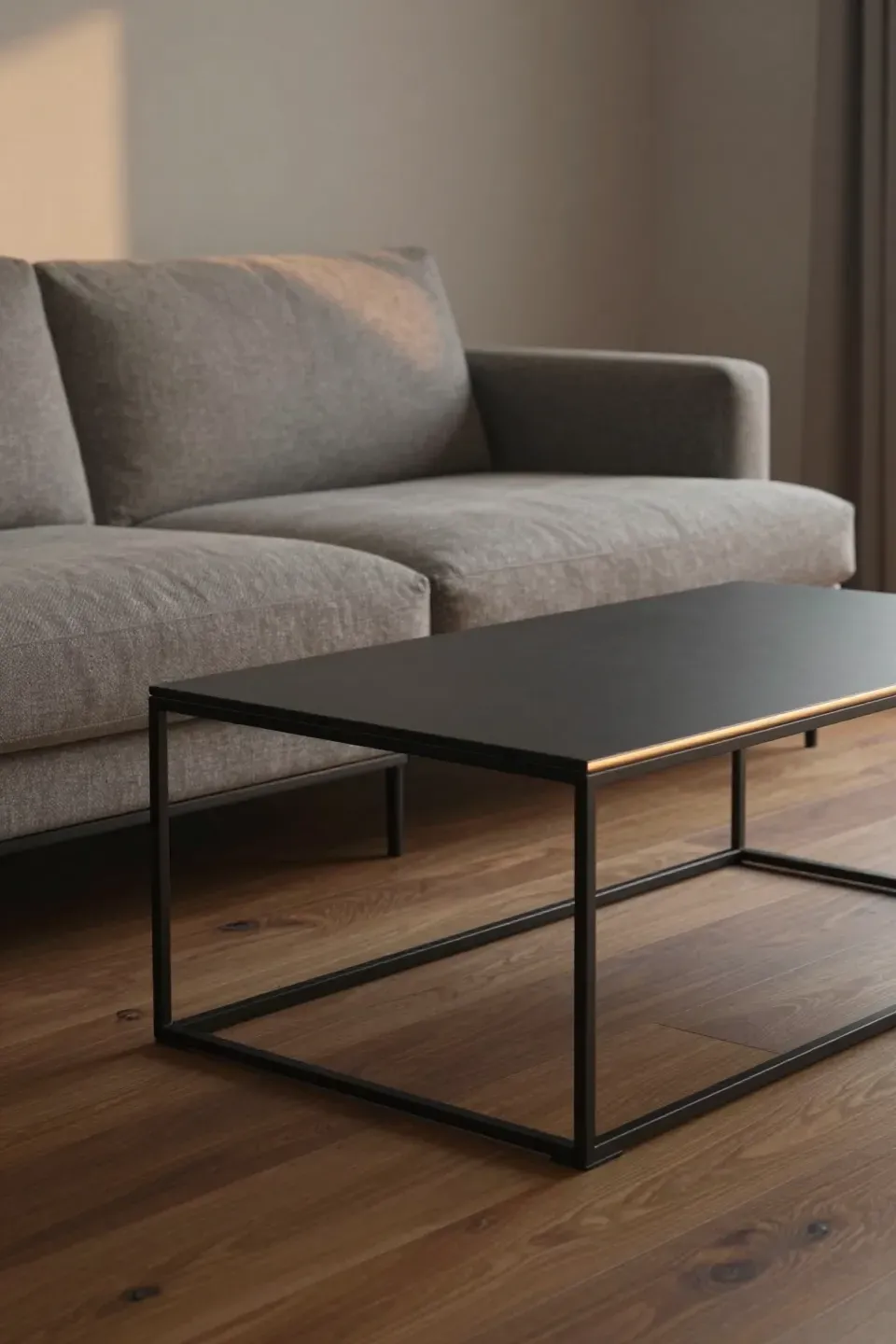 Slim metal frame coffee table placed beside the chaise portion of a sectional.