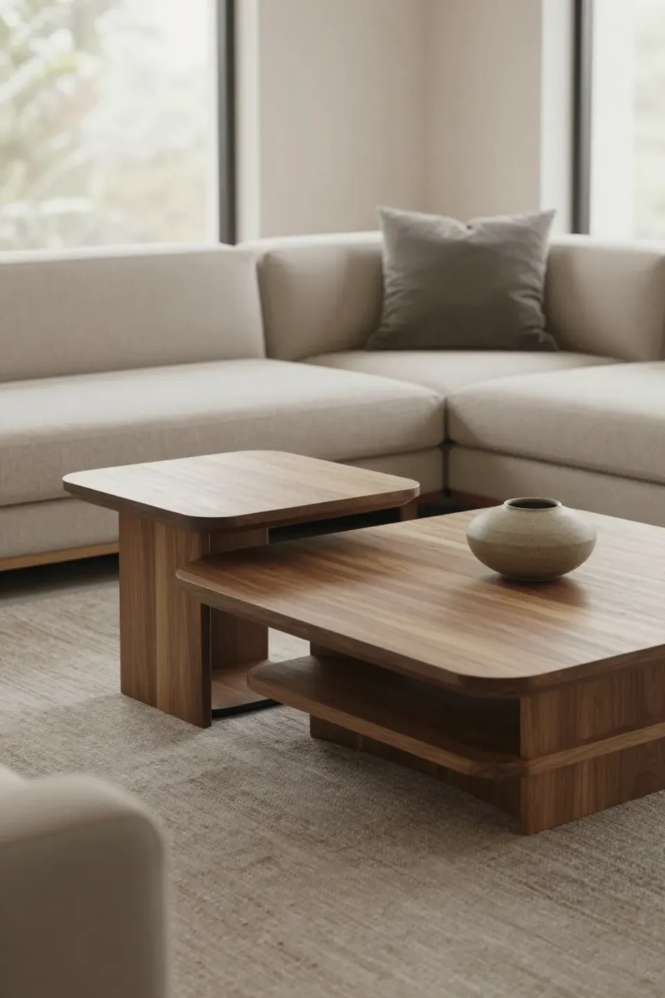 Small accent table placed beside a sectional, layered with a larger central coffee table.