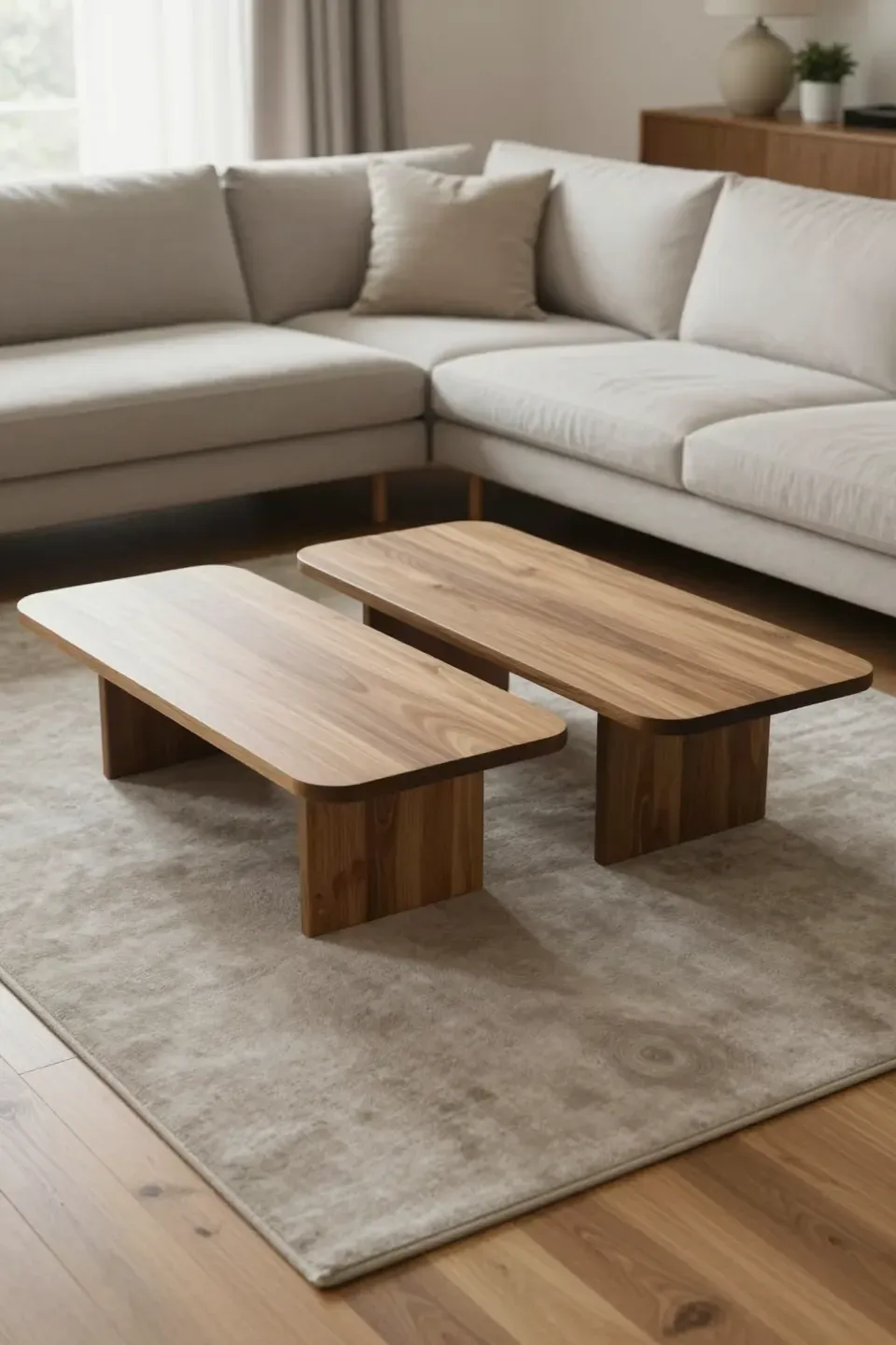 Two coffee tables arranged around a large sectional to form separate functional zones.