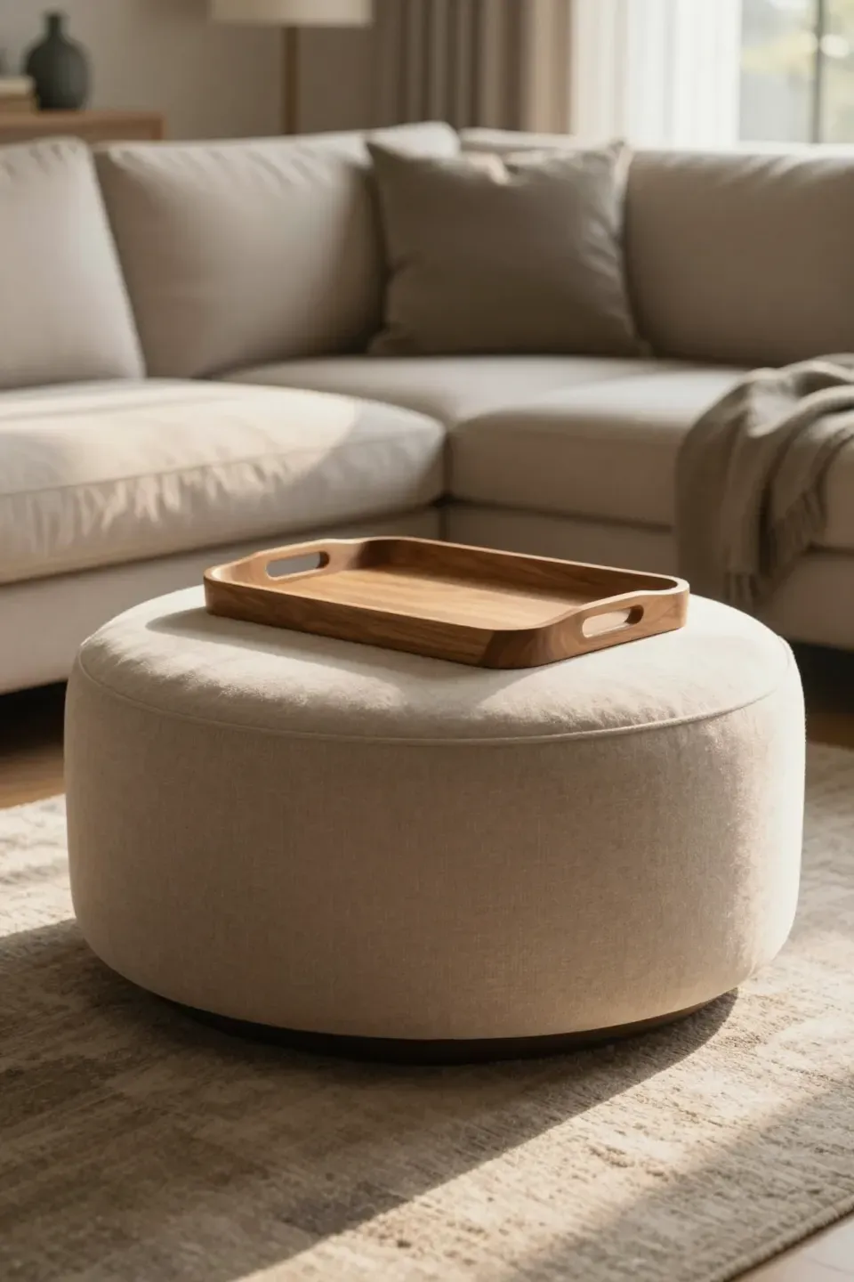 Photorealistic living room featuring a round upholstered ottoman with a wooden tray used as a sectional coffee table.