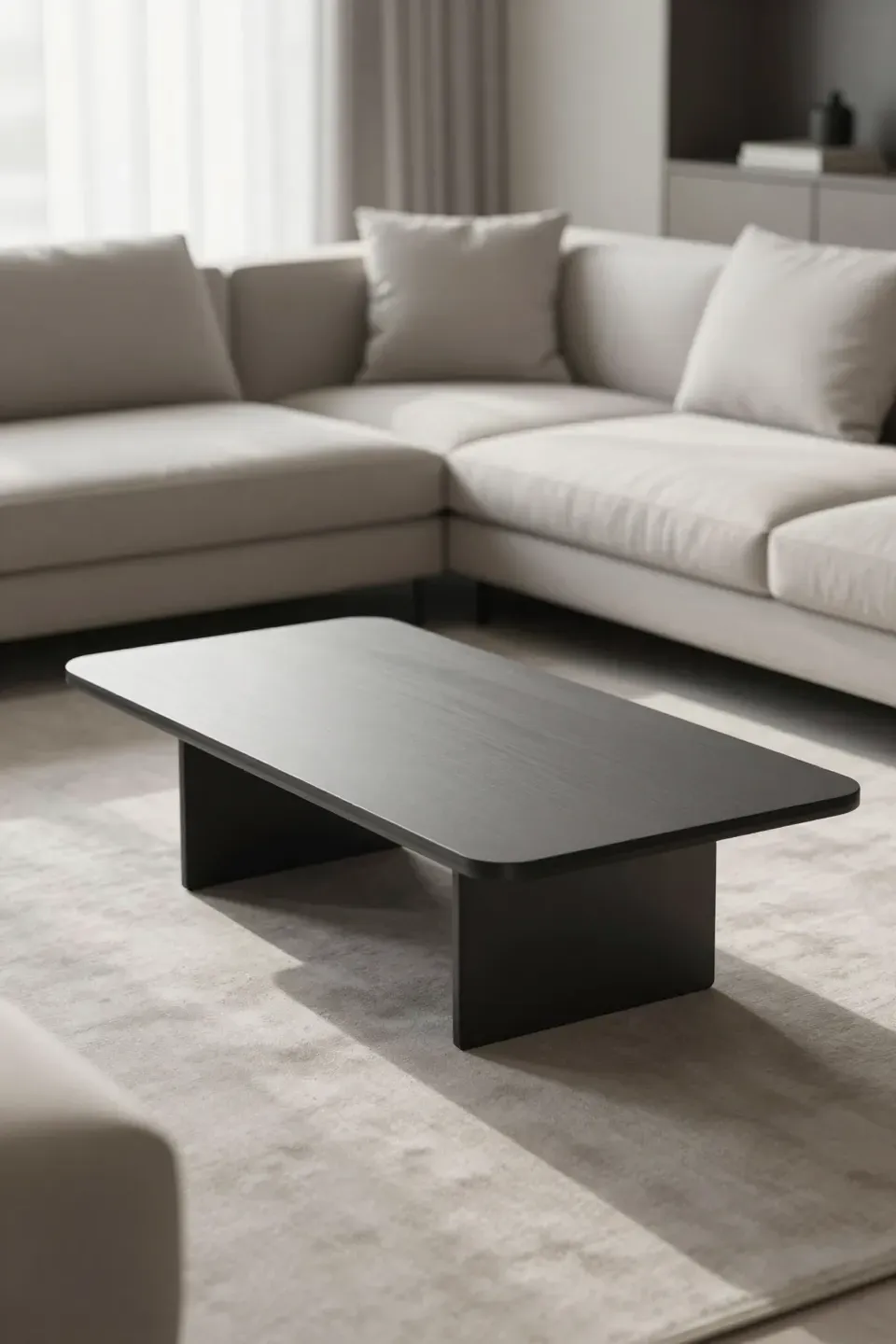 Minimal modern coffee table placed at the opening of a sectional in a clean, contemporary living room.