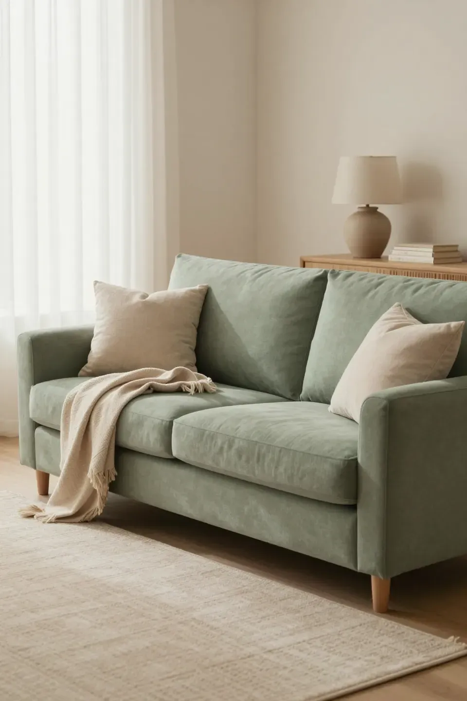 Sage green couch styled with beige textiles in a warm softly lit living room